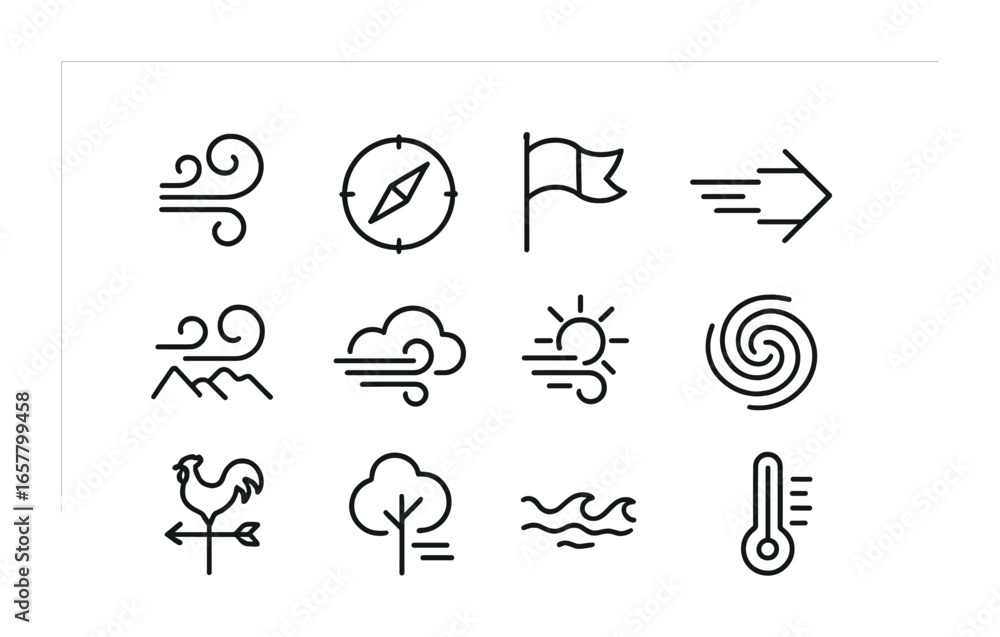 Fototapeta premium Wind Pattern Icons. Outline icon set of wind patterns: wind swirl, compass, flag, arrow, mountain, cloud, sun,