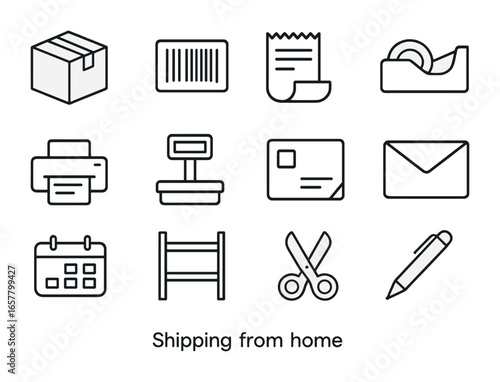 Home Shipping Icons. Outline icon set of shipping from home: package box, barcode, receipt, tape dispenser,