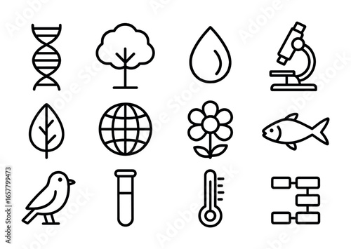 Genetic Research Icons. Outline icon set of genetic adaptation research: DNA strand, tree, seed, microscope,