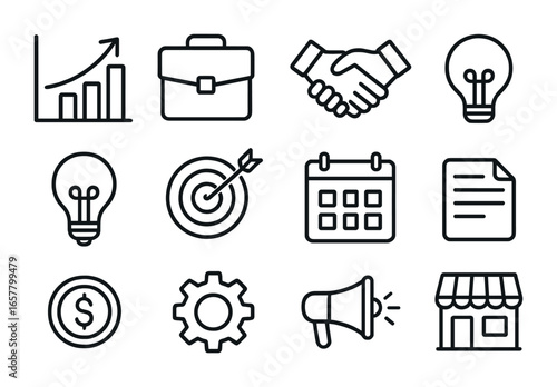 Business Growth Icons. Outline icon set of small business growth: bar chart, arrow up, briefcase, handshake,