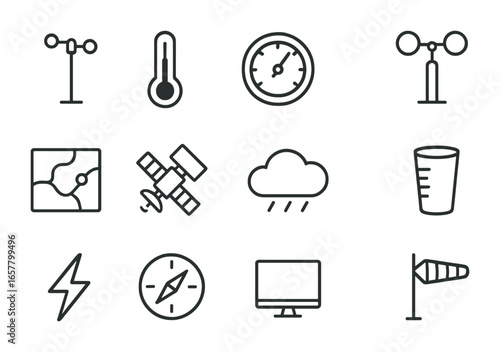 Weather Tools Icons. Outline icon set of weather forecasting tools: weather station, thermometer, barometer,