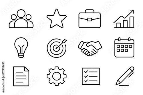 Sales Coaching Icons. Outline icon set of coaching and mentoring in sales: group, star, briefcase, chart,