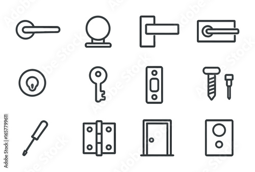 Modern Door Handle Icons. Outline icon set of modern door handle designs: lever handle, round knob, square