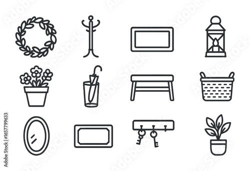 Seasonal Entryway Icons. Outline icon set of seasonal entryway decor: wreath, coat rack, welcome mat, lantern,