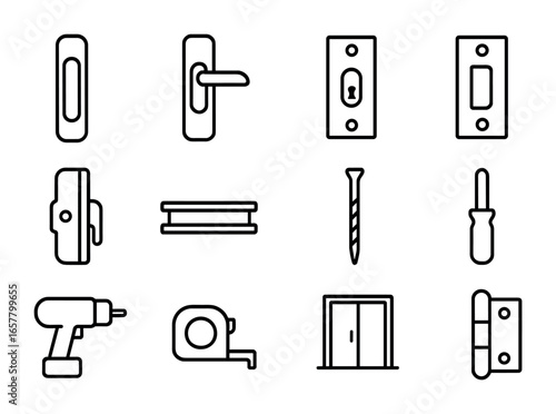 Patio Door Hardware Icons. Outline icon set of replacing patio door handles: sliding handle, latch, lock,