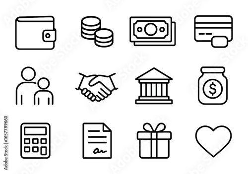 Family Financial Support Icons. Outline icon set of providing financial support to a family member: wallet,