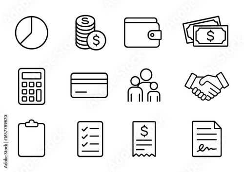Family Finance Icons. Outline icon set of managing shared family expenses: pie chart, coins, wallet, banknotes