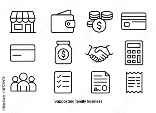 Family Business Icons. Outline icon set of supporting family business: storefront, wallet, coins, banknotes,