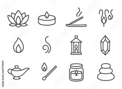 Meditation Candle Icons. Outline icon set of meditation candles: lotus candle, tea light, incense stick, wax