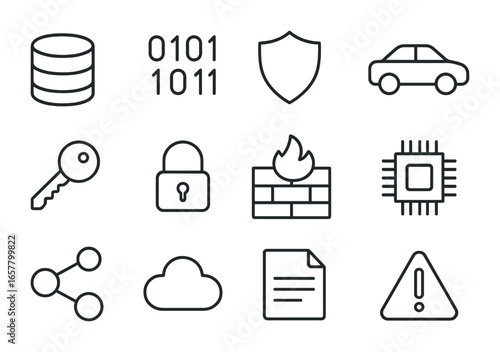 Automotive Security Icons. Outline icon set of automotive data protection: database, binary code, shield, car,