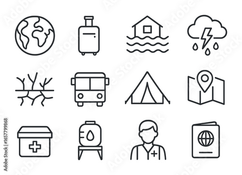 Icons of Climate Migration. Outline icon set of forced migration due to climate change: globe, suitcase,