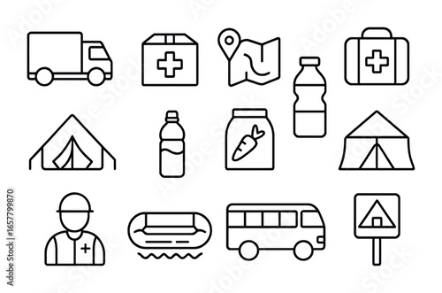 Humanitarian Logistics Icons. Outline icon set of humanitarian logistics in climate crises: truck, aid box,