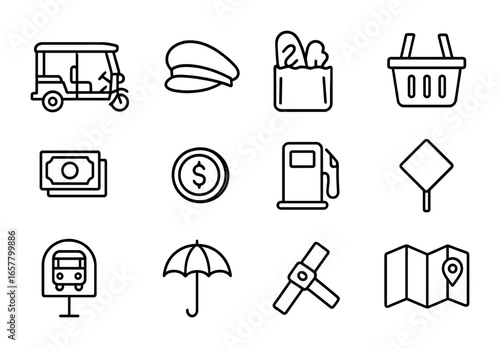 Tuk-Tuk Icon Set. Outline icon set of tuk-tuk rides for locals: tuk-tuk, driver hat, market bag, shopping