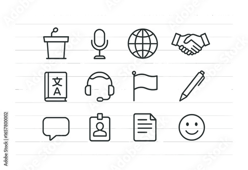International Conference Icons. Outline icon set of international conferences: podium, microphone, globe,