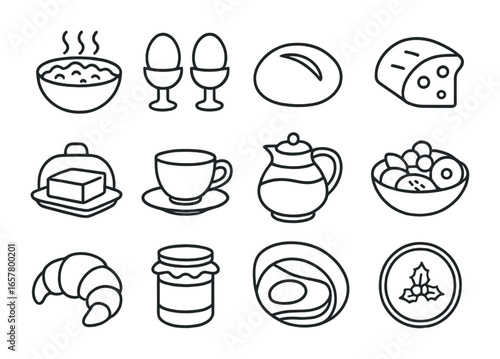 Holiday Breakfast Icons. Outline icon set of traditional holiday breakfast foods: porridge bowl, boiled eggs,