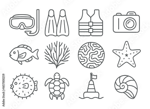 Snorkeling Adventure Icons. Outline icon set of snorkeling coral reefs: snorkeling mask, fins, life vest,