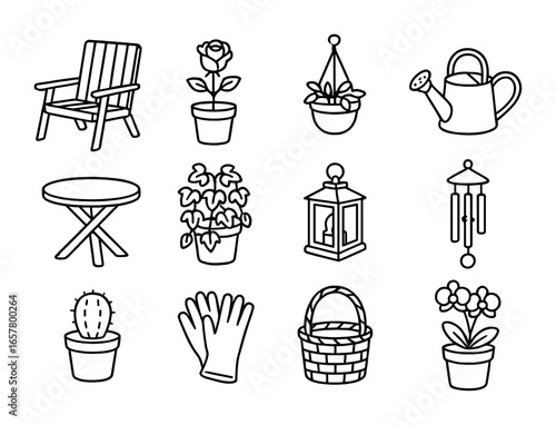 Cozy Deck Icons. Outline icon set of cozy deck setup: wooden chair, potted rose, hanging planter, watering can