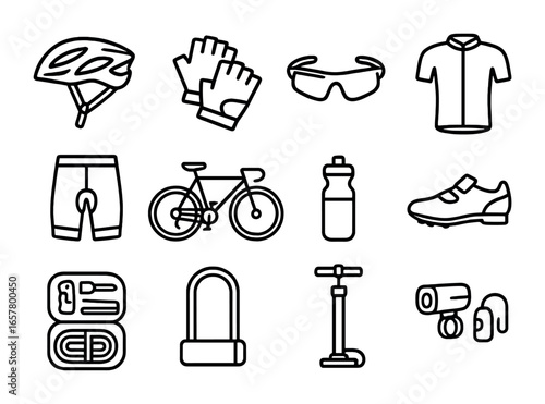 Cycling Gear Icons. Outline icon set of cycling gear essentials: helmet, gloves, sunglasses, cycling jersey,