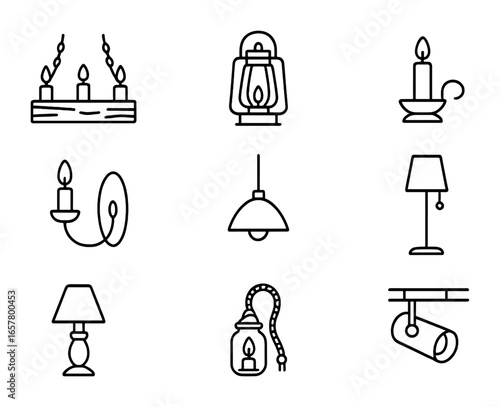 Rustic Lighting Icons. Outline icon set of rustic lighting: wooden chandelier, lantern, candle holder, wall