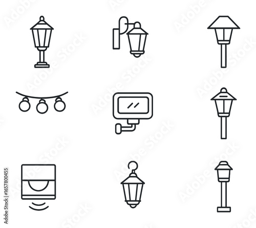 Outdoor Lighting Icons. Outline icon set of outdoor lighting design: garden lamp, wall lantern, pathway light,