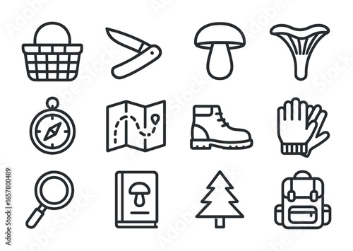 Forest Foraging Icons. Outline icon set of forest mushroom foraging: basket, pocket knife, porcini mushroom,