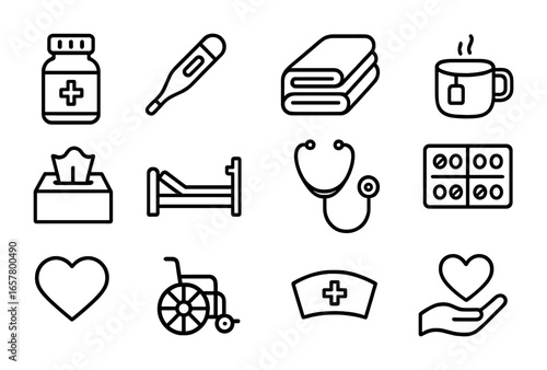 Caregiving Icons Set. Outline icon set of caregiving for sick relatives: medicine bottle, thermometer, blanket