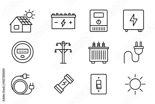 Solar Power Icons. Outline icon set of solar power distribution: rooftop panel, battery bank, inverter,