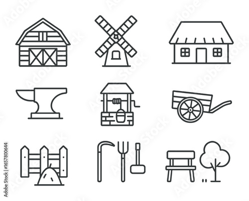 Heritage Museum Icons. Outline icon set of open-air heritage museums: wooden barn, windmill, thatched house,