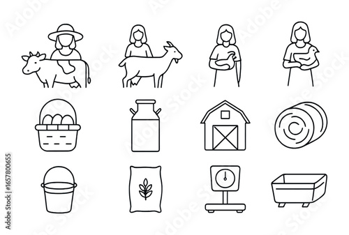 Rural Women Livestock Icons. Outline icon set of rural women in livestock businesses: cow, goat, chicken, egg