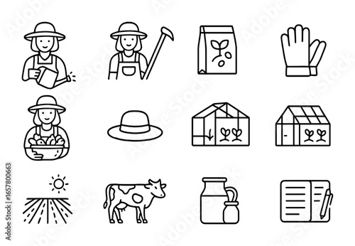 Female Farmer Icons. Outline icon set of female farmers as entrepreneurs: watering can, hoe, seeds packet,