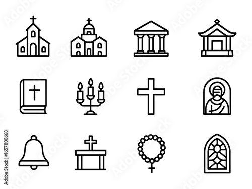 Religious Heritage Icons. Outline icon set of religious heritage museums: church, monastery, temple, shrine,