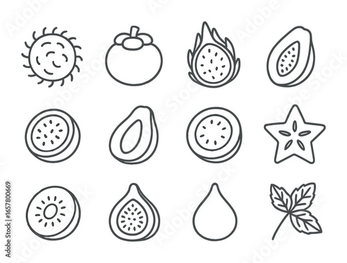 Exotic Fruit Outline Icons. Outline icon set of exotic fruit platter: rambutan, mangosteen, dragon fruit,