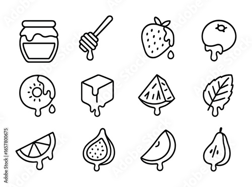 Honey-Drizzled Fruit Icons. Outline icon set of honey drizzled fruits: honey jar, dipper stick, strawberry,