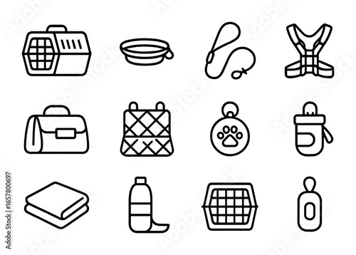 Pet Travel Gear Icons. Outline icon set of pet travel gear: pet carrier, collapsible bowl, leash, harness,