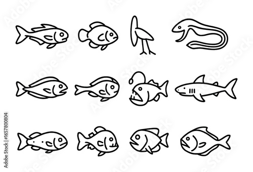 Deep Sea Icons. Outline icon set of extreme depth fish: abyssal grenadier, hadal snailfish, tripod fish,
