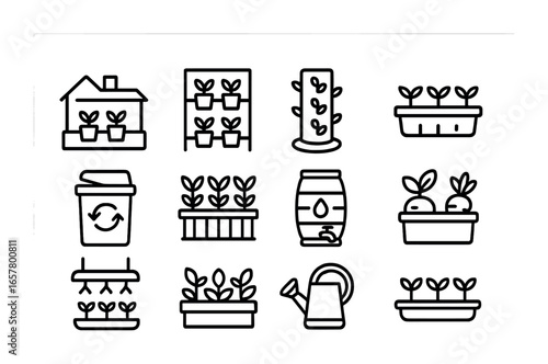Urban Farming Icons. Outline icon set of urban farming: rooftop garden, vertical planter, hydroponic tower,