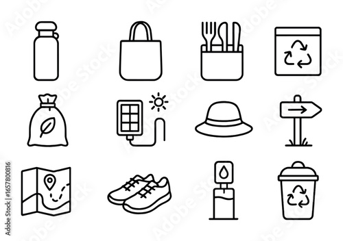 Eco-Friendly Icon Set. Outline icon set of eco-friendly nature walking: reusable water bottle, canvas tote,