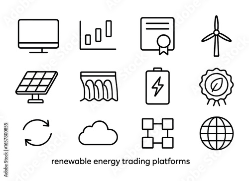 Renewable Energy Icons. Outline icon set of renewable energy trading platforms: computer, stock chart, green