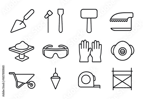 Masonry Tools Icons. Outline icon set of stone masonry: pointing trowel, stone chisel, mallet, masonry saw,