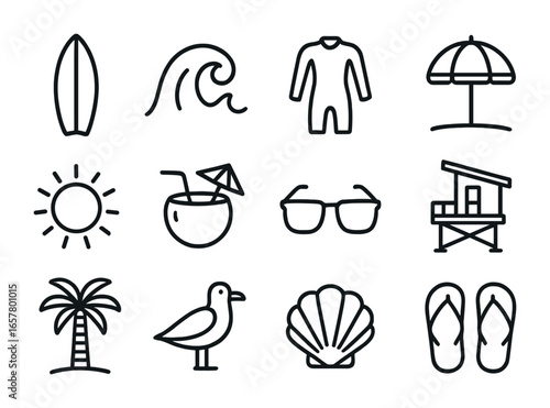 Surfing Adventure Icons. Outline icon set of surfing adventures: surfboard, wave, wetsuit, beach umbrella, sun
