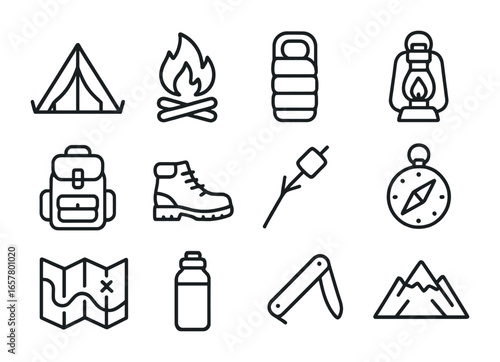 Camping Essentials Icons. Outline icon set of camping trips: tent, campfire, sleeping bag, lantern, backpack,
