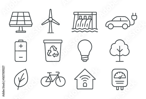 Renewable Energy Icons. Outline icon set of renewable energy solutions: solar panel, wind turbine,