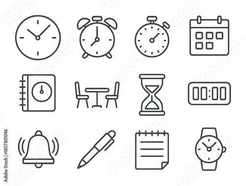 Punctuality Icons Grid. Outline icon set of punctuality symbols: wall clock, alarm clock, stopwatch, calendar,