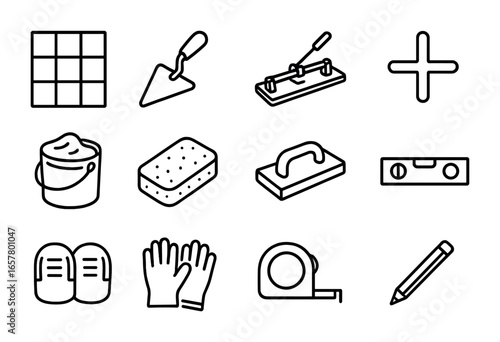 Tiling Tools Icons. Outline icon set of tiling projects: tile, trowel, tile cutter, spacer, adhesive bucket,