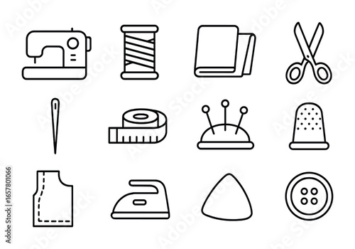 DIY Sewing Icon Set. Outline icon set of DIY sewing projects: sewing machine, thread spool, fabric, scissors,