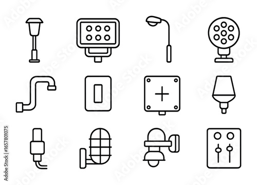 Industrial Lighting Icons. Outline icon set of outdoor industrial lighting: streetlight, floodlight, pole lamp