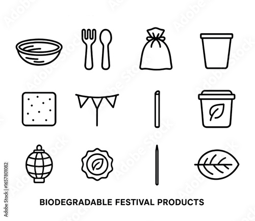 Biodegradable Festival Icons. Outline icon set of biodegradable festival products: palm leaf bowl, bamboo