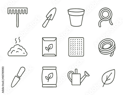 Biodegradable Garden Tools. Outline icon set of biodegradable gardening tools: wooden rake, bamboo trowel,