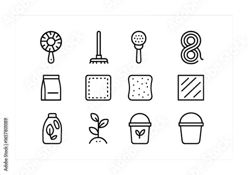 Biodegradable Cleaning Icons. Outline icon set of biodegradable cleaning tools: coconut fiber brush, wooden