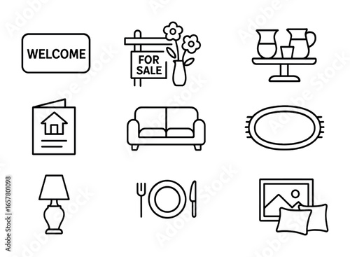 Open House Icons. Outline icon set of open house preparation: welcome mat, for sale sign, fresh flowers,